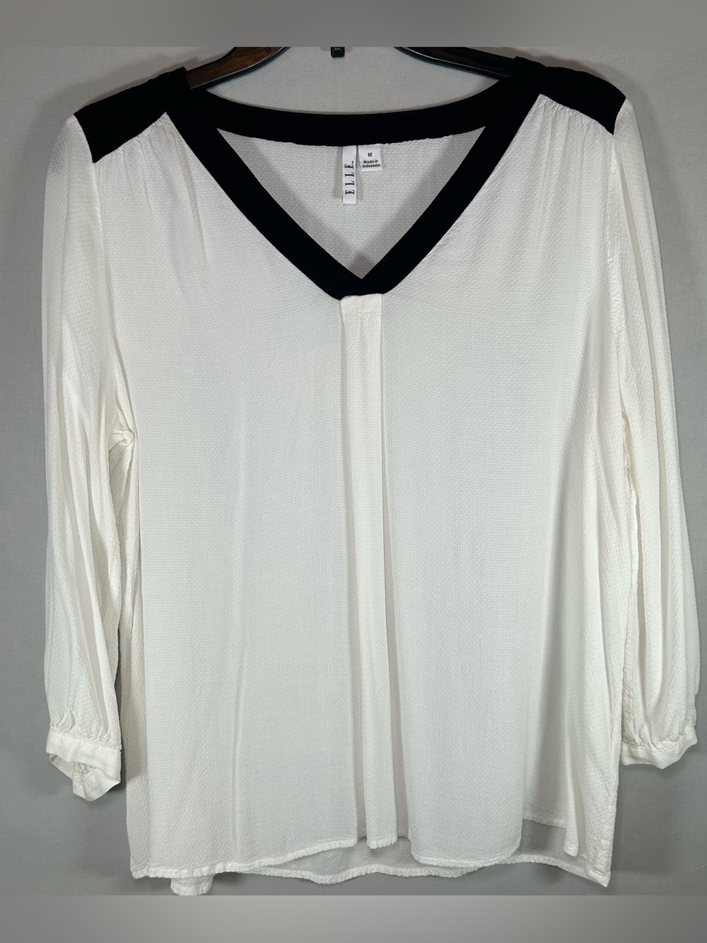 Elle Women's Medium Cream Black Long Sleeve Blouse Top Career Casual